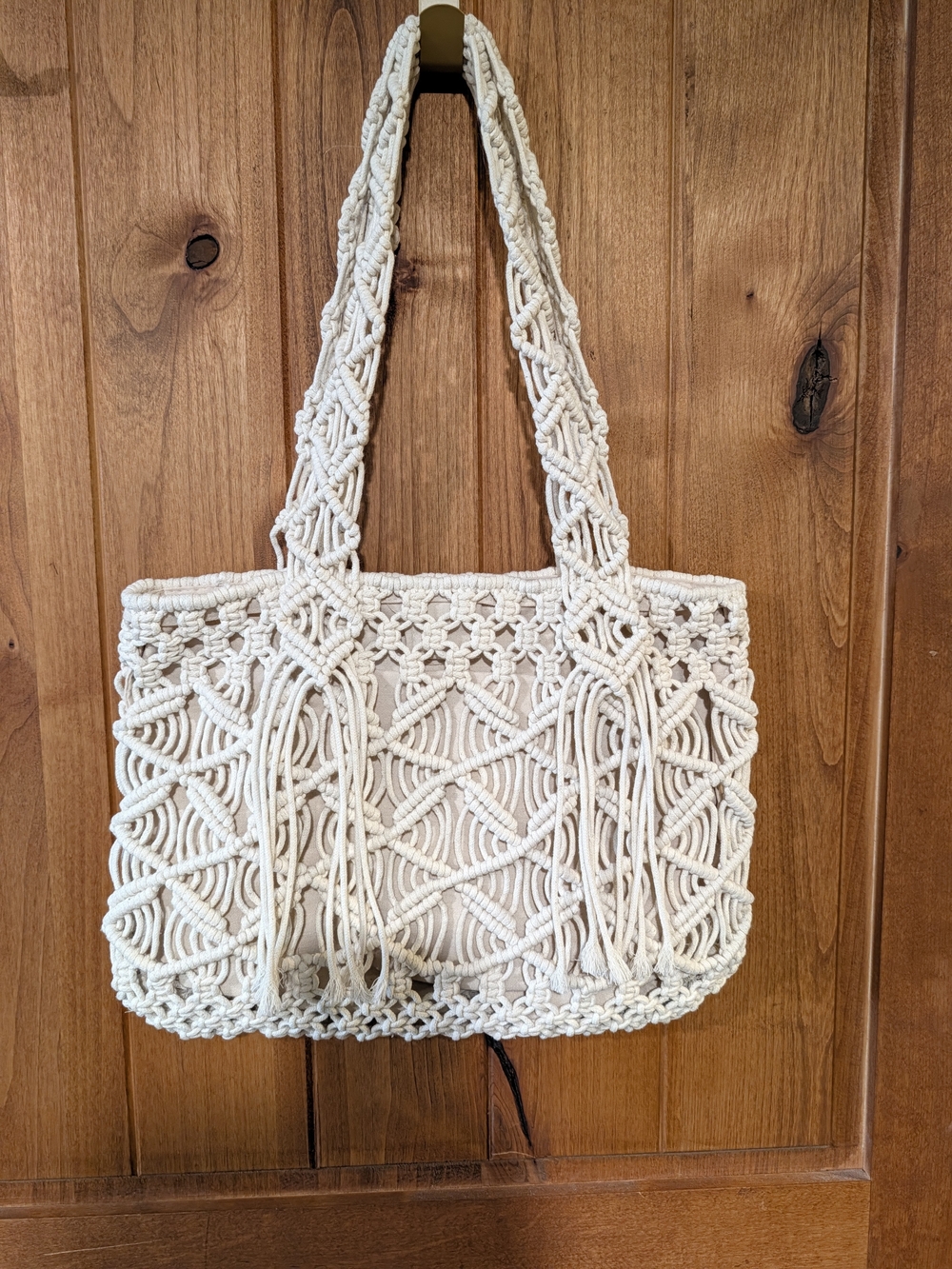 a.n.a. Woven Boho Macramé Tote Bag in Cream